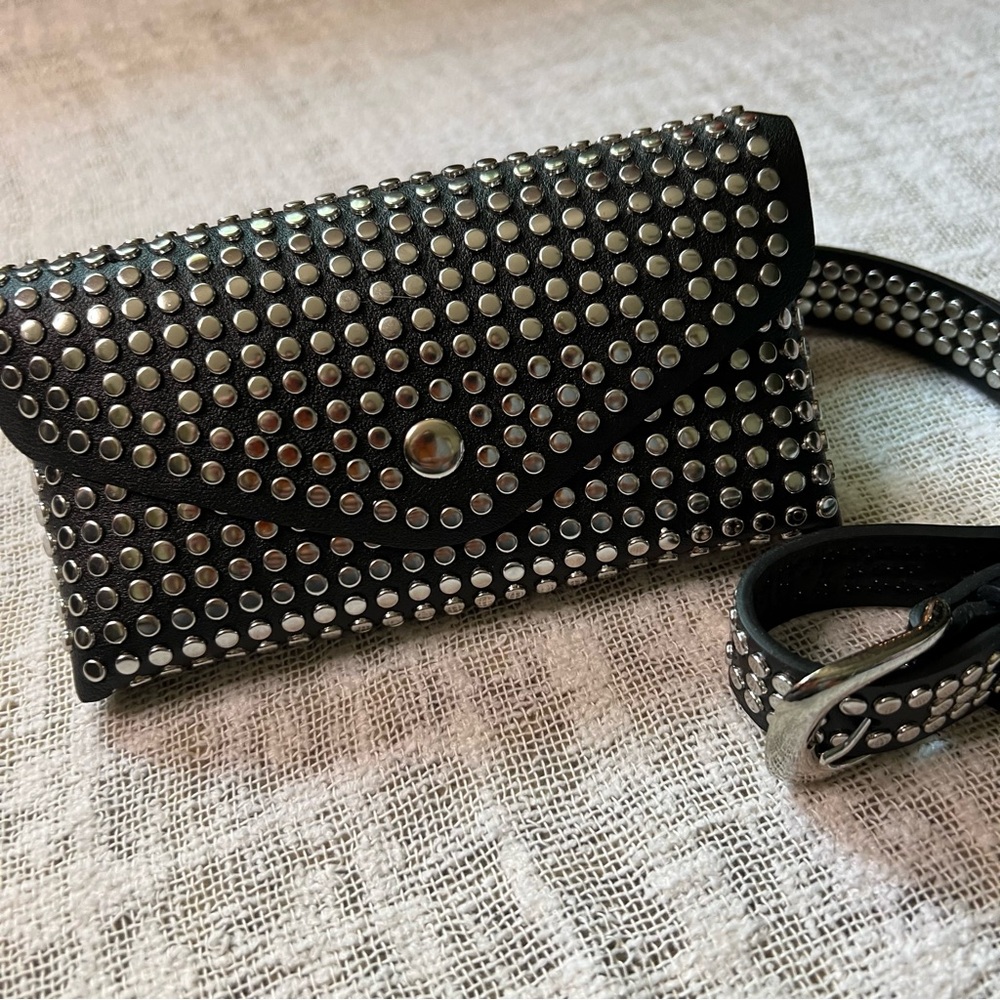 Studded Black Faux Leather Belt Bag